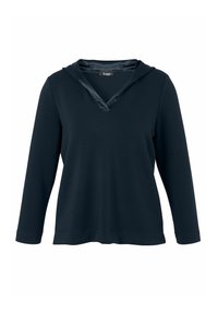 Marineblauwe hoodie met een V-hals en lange mouwen. Soepele, lichte stof; satijnen details bij de opening van de capuchon; relaxed fit.