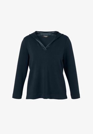 Marineblaues Kapuzensweatshirt mit V-Ausschnitt und langen Ärmeln. Glatter, leichter Stoff; satiniertem Detail am Kapuzenöffnung; lockere Passform.