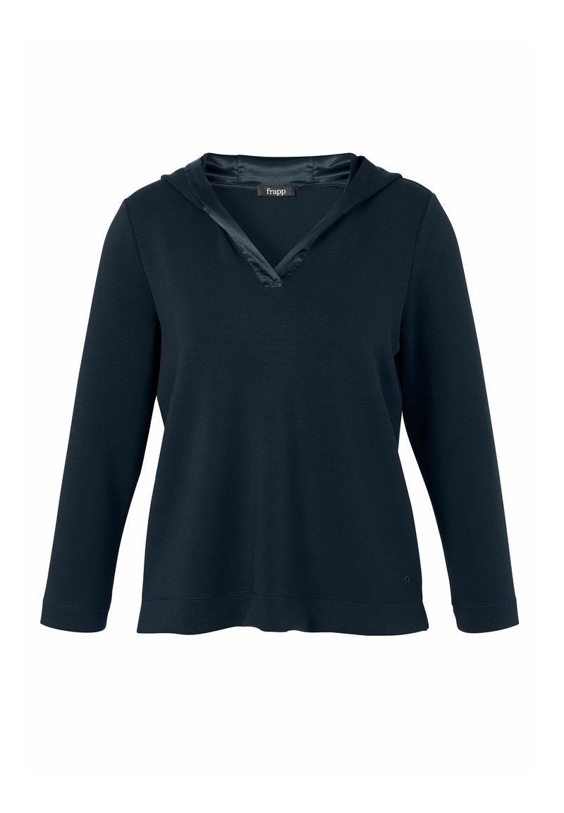 Marineblauwe hoodie met een V-hals en lange mouwen. Soepele, lichte stof; satijnen details bij de opening van de capuchon; relaxed fit.