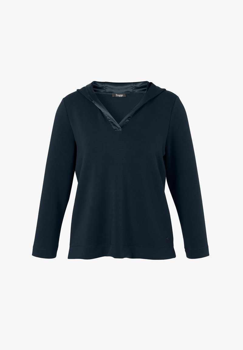 Marineblauwe hoodie met een V-hals en lange mouwen. Soepele, lichte stof; satijnen details bij de opening van de capuchon; relaxed fit.