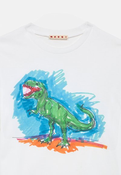 Camiseta branca com uma ilustração colorida de um dinossauro verde sobre um fundo azul, com detalhes vermelhos e laranjas no chão.