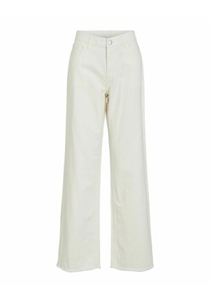 Pantalon large taille haute couleur blanc cassé avec bouton devant, fermeture éclair, passants de ceinture et poches latérales.
