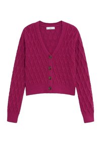 Cardigan lavorato a maglia rosa con scollo a V, motivo a rombi, maniche lunghe e sei bottoni scuri sul davanti. Lunghezza cropped.
