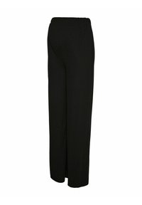 Pantalons noirs avec une coupe large, taille élastique et tissu doux, vus de côté avec une coupe droite et sans ornements visibles.