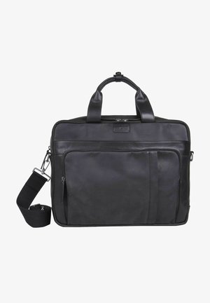 Borsa per laptop in pelle nera con due manici superiori, una tracolla rimovibile e tasca frontale con zip. Texture liscia, design minimalista.