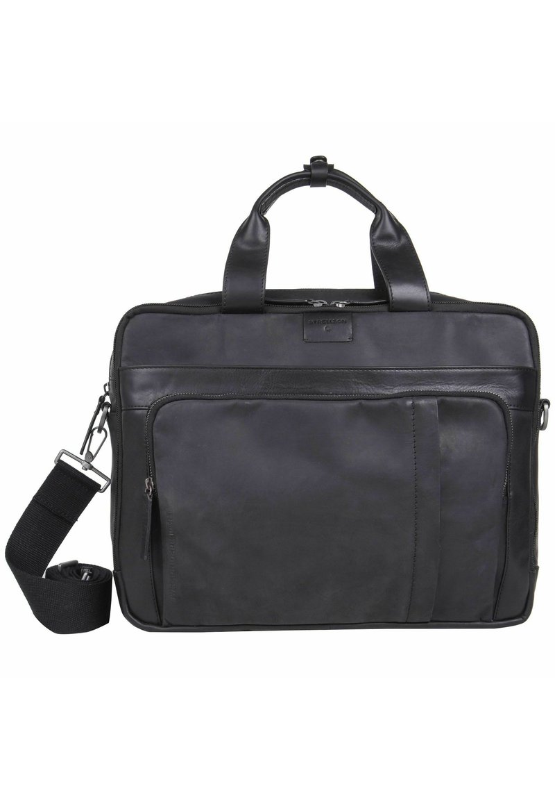 Borsa per laptop in pelle nera con due manici superiori, una tracolla rimovibile e tasca frontale con zip. Texture liscia, design minimalista.