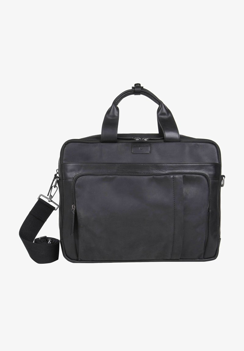 Borsa per laptop in pelle nera con due manici superiori, una tracolla rimovibile e tasca frontale con zip. Texture liscia, design minimalista.
