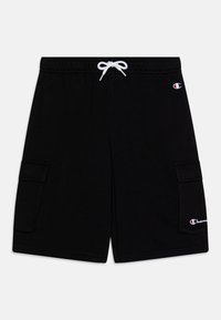 Black cargo shorts with an elastic waistband, drawstring, and white accents. Features two side pockets and a logo on the left leg.