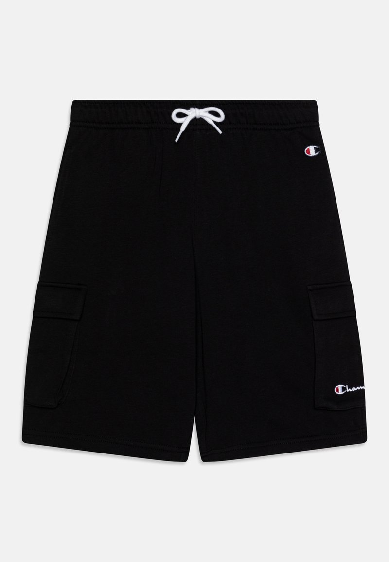 Black cargo shorts with an elastic waistband, drawstring, and white accents. Features two side pockets and a logo on the left leg.