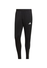 Zwarte sportbroek van gladde stof, met een stretchy tailleband, taps toelopende benen en witte drie-strepen accenten aan de zijkanten.
