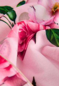 Blumiger Fleece-Stoff mit pinkem Hintergrund, der große Rosen in Schattierungen von Rot und Weiß zeigt, ergänzt durch grüne Blätter und eine weiche Textur.