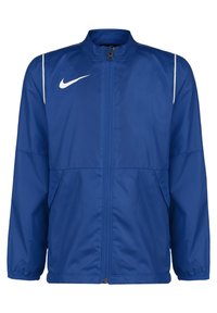 Blau leichte Jacke aus Polyester, mit Reißverschluss auf der Vorderseite, Stehkragen, elastischen Bündchen, Seitentaschen und weißen Akzentstreifen.