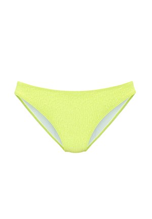 Helles gelbes Bikinihöschen mit strukturiertem Muster, niedrigem Schnitt und kontrastierendem, hellem Innenfutter. Minimalistische Form ohne zusätzliche Akzente.