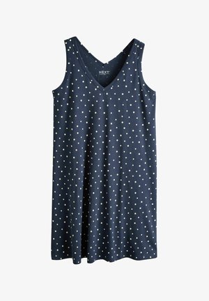 Pupeļu zilas krāsas kleita bez piedurknēm ar baltām pūkainām punktiem un V formas izgriezumu, ceļgalu garuma, ikdienišķs stils.