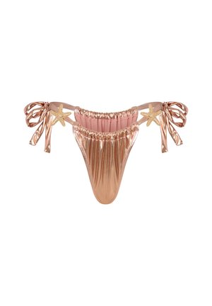 Metallic rose gold bikini brief with gathered texture, drawstring sides, and starfish accent on one side. Smooth, shiny finish.