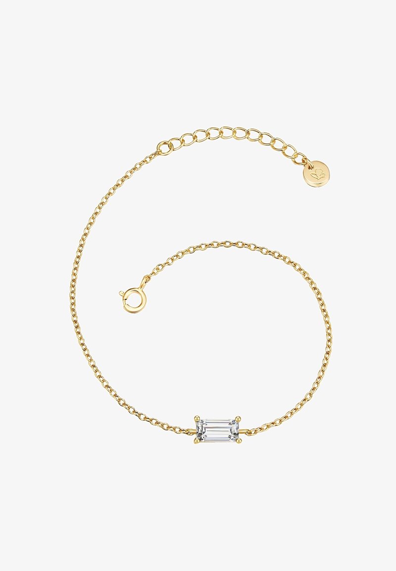 Guldkedjearmband med en rektangulär, klar ädelsten som mittpunkt. Justerbar lås med en cirkulär charm i änden.