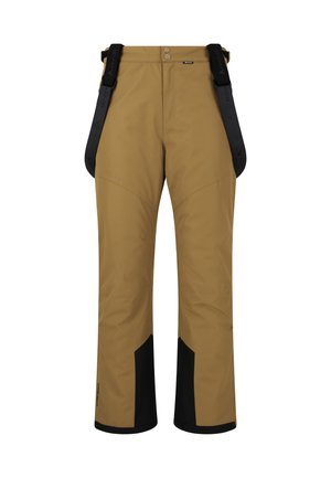 Brown ski pants with black accents, featuring adjustable shoulder straps, a smooth texture, and a wide leg design, suitable for winter sports.