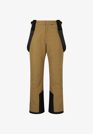 Brown ski pants with black accents, featuring adjustable shoulder straps, a smooth texture, and a wide leg design, suitable for winter sports.