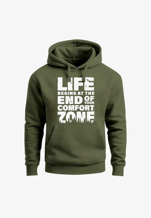 Olive green hoodie with front pocket and white text: "Life begins at the end of your comfort zone" with birds and tree silhouettes.