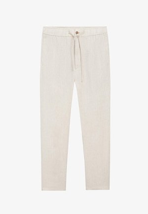 Beige Leinenmisch-Hose mit elastischem Bund, Kordelzug und Knopfverschluss, mit geradem Bein und schlichtem Design.