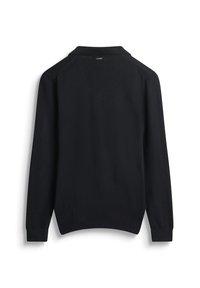 Maglione nero con colletto polo, maniche lunghe a raglan, polsini e orlo a coste e texture liscia. Nessun motivo visibile o dettagli in metallo.