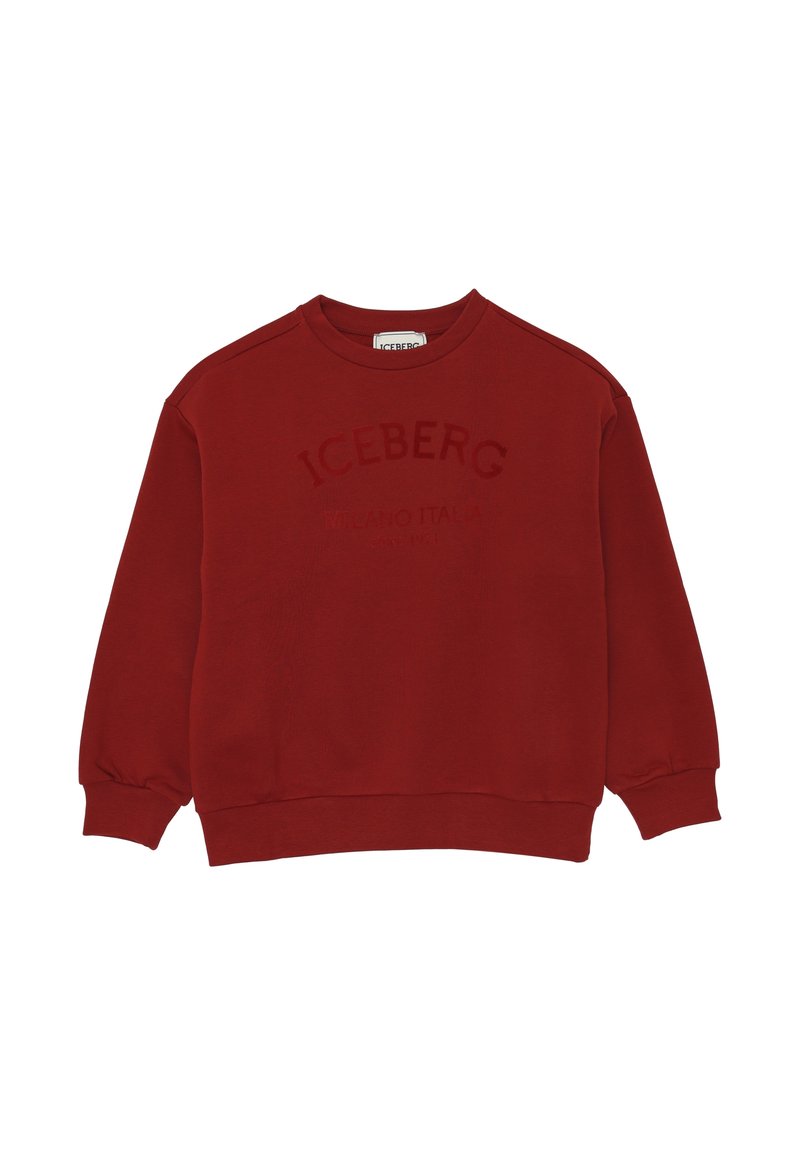 Felpa rossa in cotone con collo rotondo, maniche lunghe e polsini a coste. Presenta una stampa in rilievo con il design "ICEBERG MILANO ITALIA".