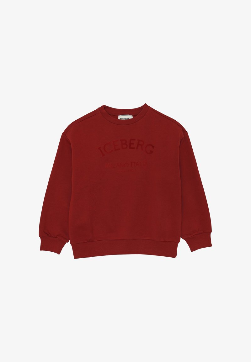 Felpa rossa in cotone con collo rotondo, maniche lunghe e polsini a coste. Presenta una stampa in rilievo con il design "ICEBERG MILANO ITALIA".
