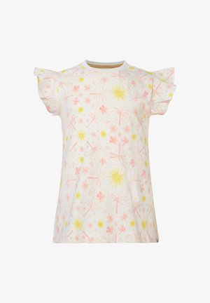 T-shirt z krótkim rękawem z białej bawełny, z różowymi i żółtymi wzorami kwiatowymi oraz promieniami; falbaniaste ramiona; okrągły dekolt z kontrastowym wykończeniem.