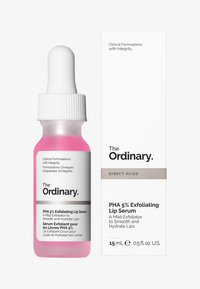 Bottiglia contagocce rosa in vetro con tappo bianco, etichettata "Siero Esfoliante per Labbra PHA 5%". Accompagnata da un cartone bianco con accenti grigi e testo.