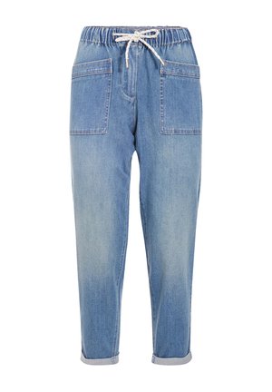 Pantaloni in denim blu chiaro con vita elasticizzata, coulisse e due grandi tasche frontali. Presentano orli arrotolati e una vestibilità rilassata.