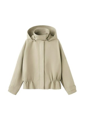 Veste à capuche beige clair avec manches longues, fermeture éclair frontale recouverte d'un rabat, taille élastique et poignets ajustables avec sangles.
