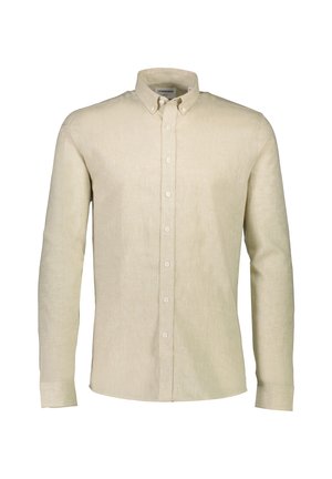 Bezs hóz súlyú hosszú ujjú gombos ing, klasszikus gallérral, hét gombbal az elülső részen, és textúrált anyagból készült.