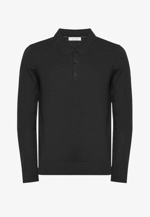Polo nera a maniche lunghe realizzata in tessuto morbido, con colletto classico, apertura con tre bottoni e polsini a costine.