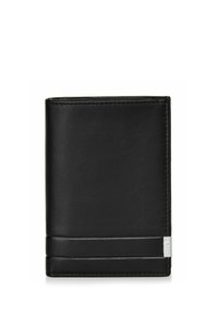 Złożony portfel z czarnej skóry z gładką teksturą, minimalistycznym designem, dwiema poziomymi liniami akcentującymi oraz małym srebrnym logo.