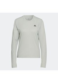 Långärmad ljusgrå sporttröja med en texturerad yta, rund halsringning och en liten svart Adidas-logotyp på vänster bröst.