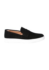Scarpa nera in suede senza lacci con suola in gomma bianca, caratterizzata da un design piatto e dettagli decorativi sulla parte superiore. Texture liscia nel complesso.