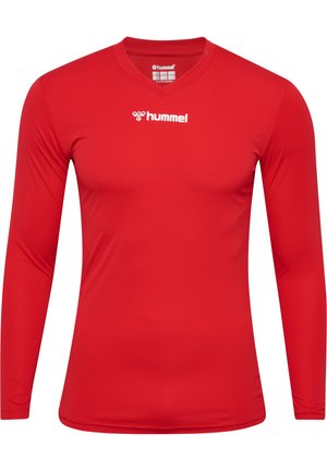 Red long-sleeve athletic shirt made of a textured fabric. Features a V-neck and white logo on the upper left. Machine washable design.