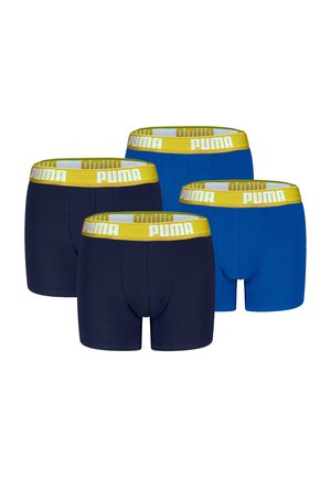 PUMA Herren Boxer-Briefs; 2 Paar in Marineblau und 2 Paar in Blau. Baumwollmischung mit gelben elastischen Taillenbändern, die das PUMA-Logo tragen. Weiche, glatte Textur.