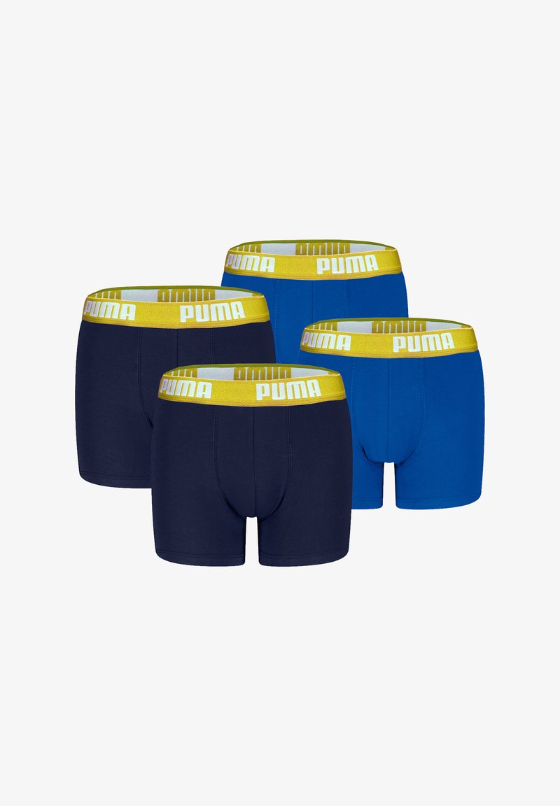 PUMA Herren Boxer-Briefs; 2 Paar in Marineblau und 2 Paar in Blau. Baumwollmischung mit gelben elastischen Taillenbändern, die das PUMA-Logo tragen. Weiche, glatte Textur.