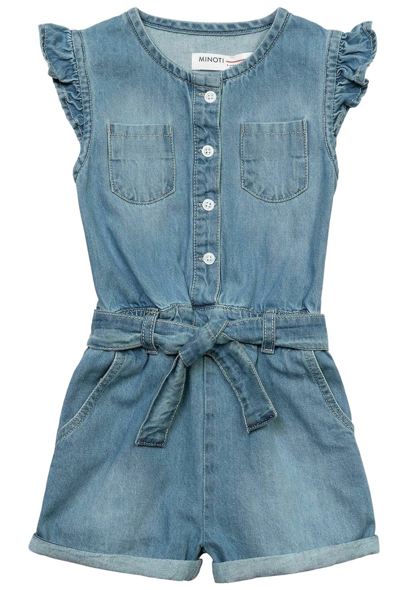 Ärmlös blå denimromper för småbarn med knäppning framtill, volangaxlar, bröstfickor, tygbälte och uppvikt shorts-kant.