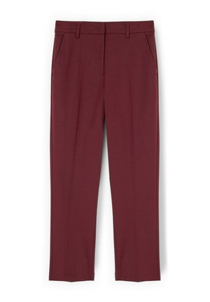 Pantalones burdeos de pierna recta con bolsillos laterales, pliegues delanteros, trabillas para el cinturón y cierre frontal oculto.