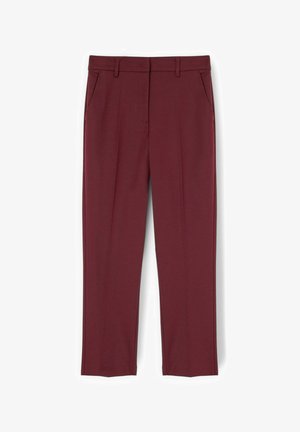 Rechte bordeauxrode broek met zijzakken, voorplooien, riemlussen en een verborgen voorzijde sluiting.