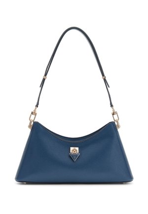 Sac bandoulière en cuir bleu texturé avec fermeture dorée et logo triangulaire Guess sur le devant, doté d'une sangle noire ajustable avec ferrures dorées.