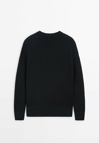 Black ribbed knit sweater featuring long sleeves, a round neckline, and textured shoulders with a fitted hem.