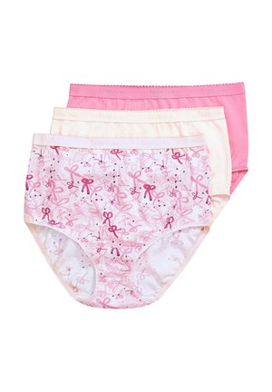 Drei Paare Baumwollunterwäsche: hellrosa mit Schleifenmuster, blassgelb und einfarbig rosa. Jede hat einen weichen elastischen Bund.