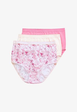 Drei Paare Baumwollunterwäsche: hellrosa mit Schleifenmuster, blassgelb und einfarbig rosa. Jede hat einen weichen elastischen Bund.