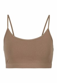Bruine katoen bralette met dunne verstelbare banden, een gladde textuur en een eenvoudig ontwerp. Geen padding of onderbond, met een rechte zoom.