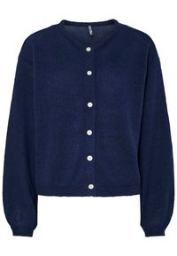Navy blue cardigan made from soft material, featuring a V-neckline, long sleeves, and six white buttons down the front.