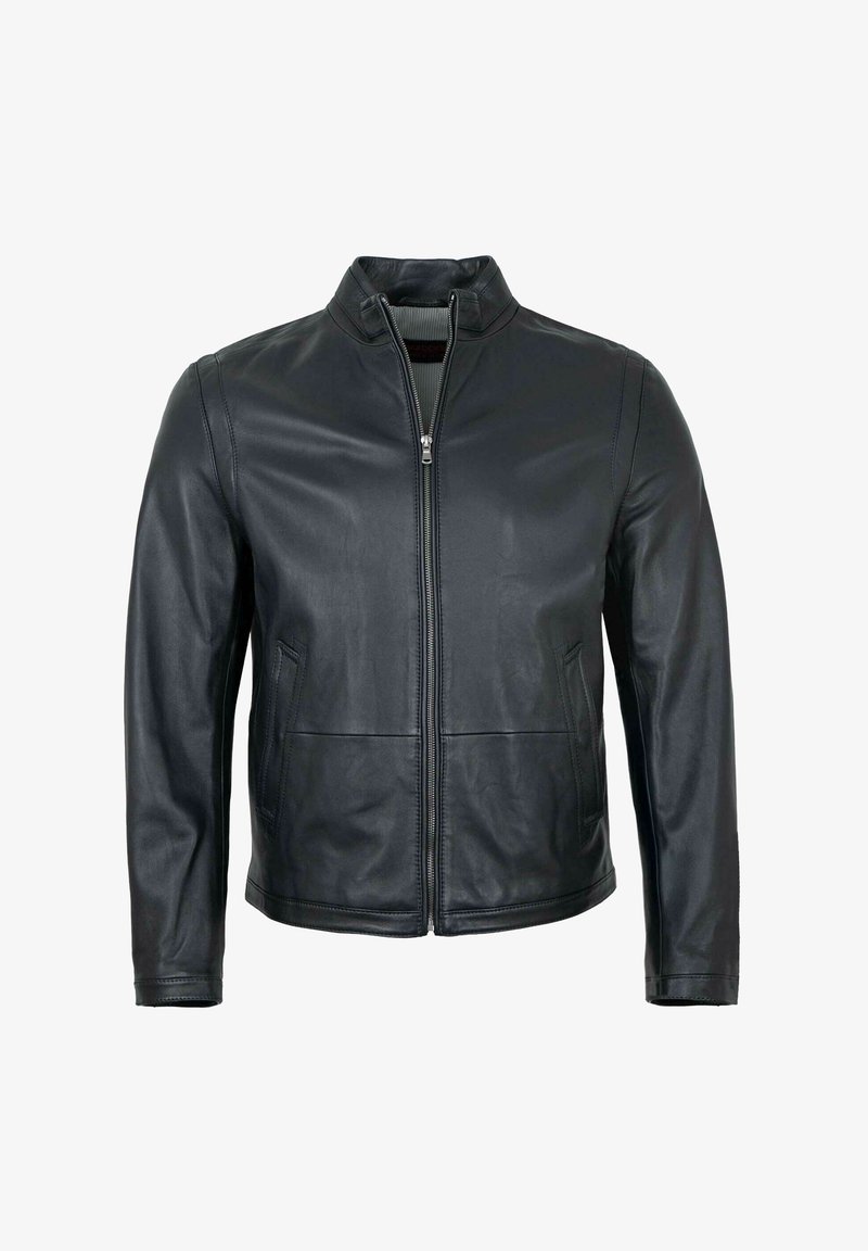 Schwarze Lederjacke mit Stehkragen, durchgehendem Reißverschluss und zwei seitlichen Taschen. Glatte Textur und taillierte Passform.