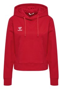 Roter Pullover-Hoodie aus Baumwollmischgewebe mit Kängurutasche, verstellbare Kapuze und weißem Logo auf der linken Brust.